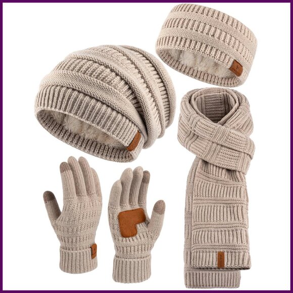 Accessories - Fleece Lined Winter Set Beanie Scarf Gloves Headband 4-Piece